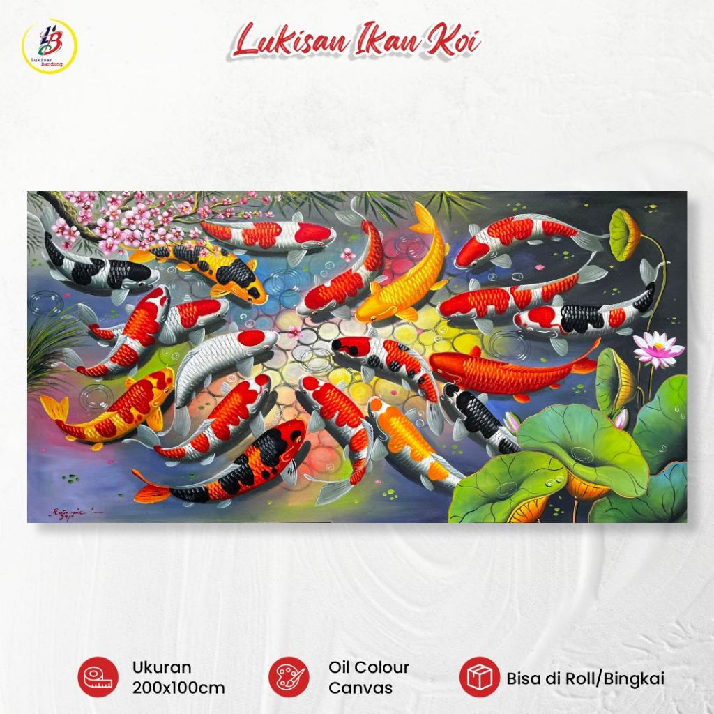 Lukisan Bandung Lukisan Ikan Koi Panoramic 100x200cm Handmade Oil on Canvas