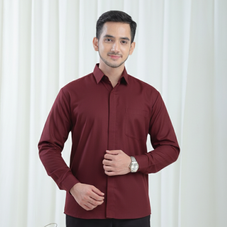 Kemeja Polos Pria Maroon - Kemeja Formal Pria Toyobo Slimfit | Outfit Kondangan Lebaran Couple