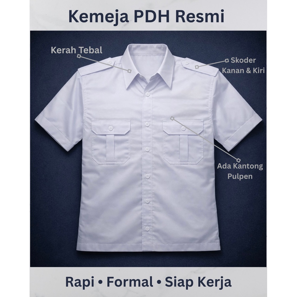 SAKHA PDH Putih Kemeja PDH Putih Pria Lengan Pendek Katun Drill Rapi Nyaman Seragam Kantor Instansi 
