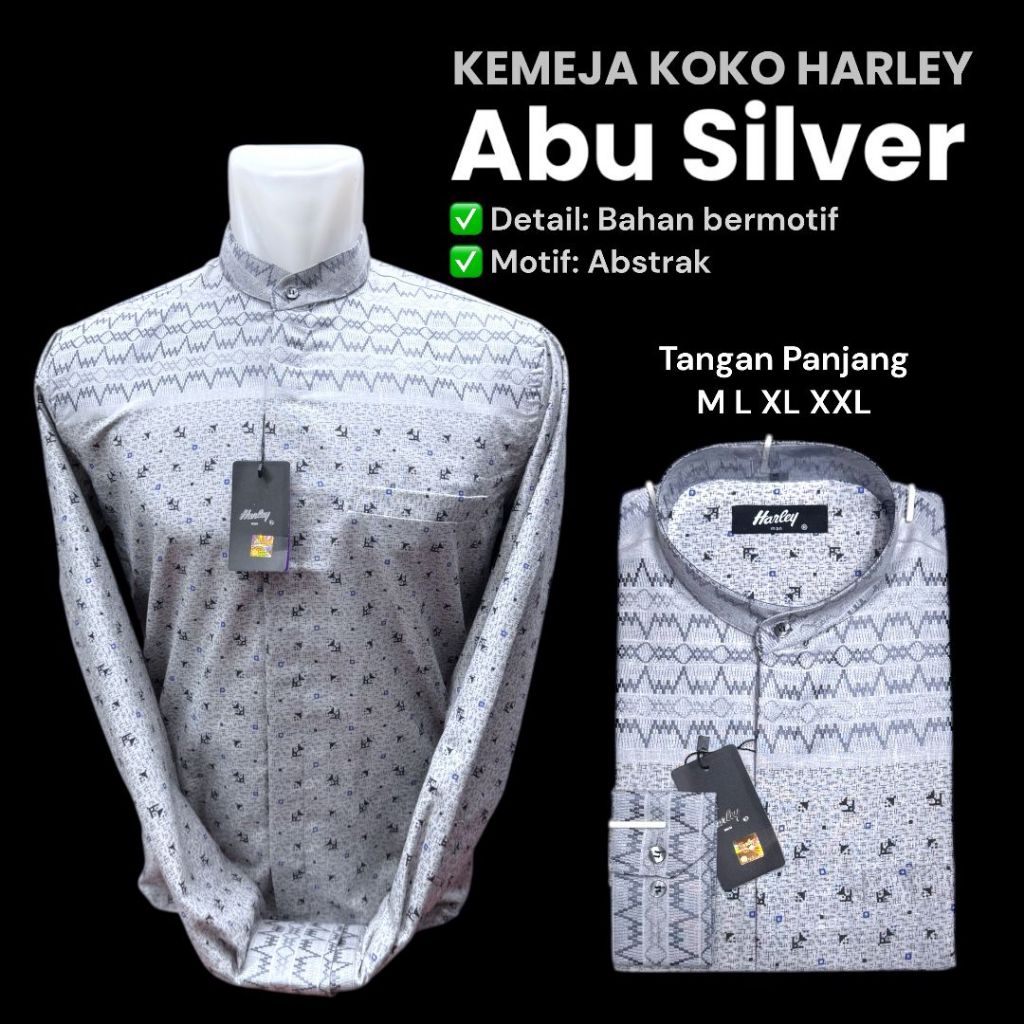 kemeja Koko kemko Harley original terbaru lengan panjang warna abu silver baju muslim terbaru