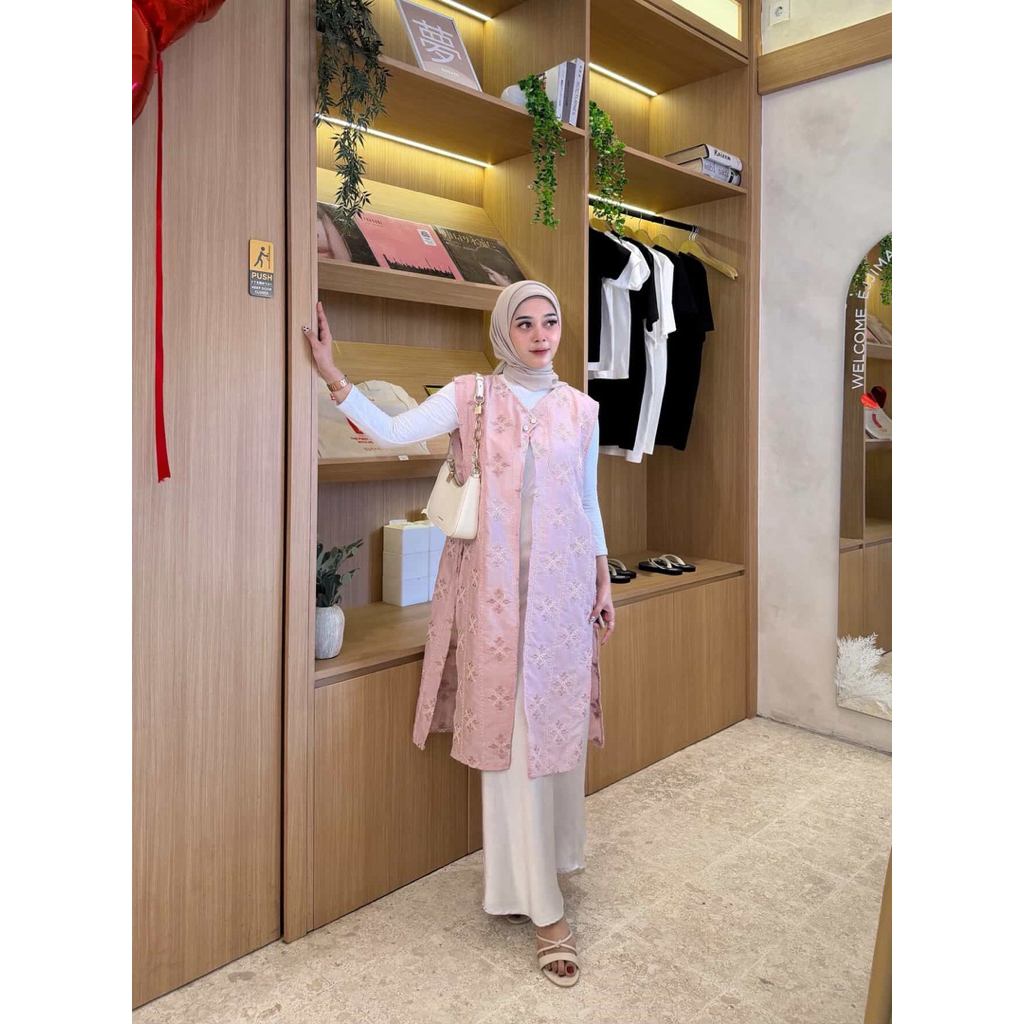Callea Long Vest Wanita Katun Bordir Tali samping