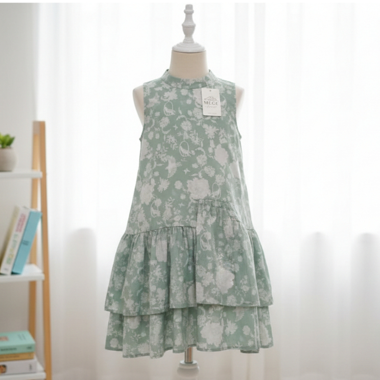 MEGE Sage Green Floral Layered Dress | Dress Anak Perempuan | Dress Midi