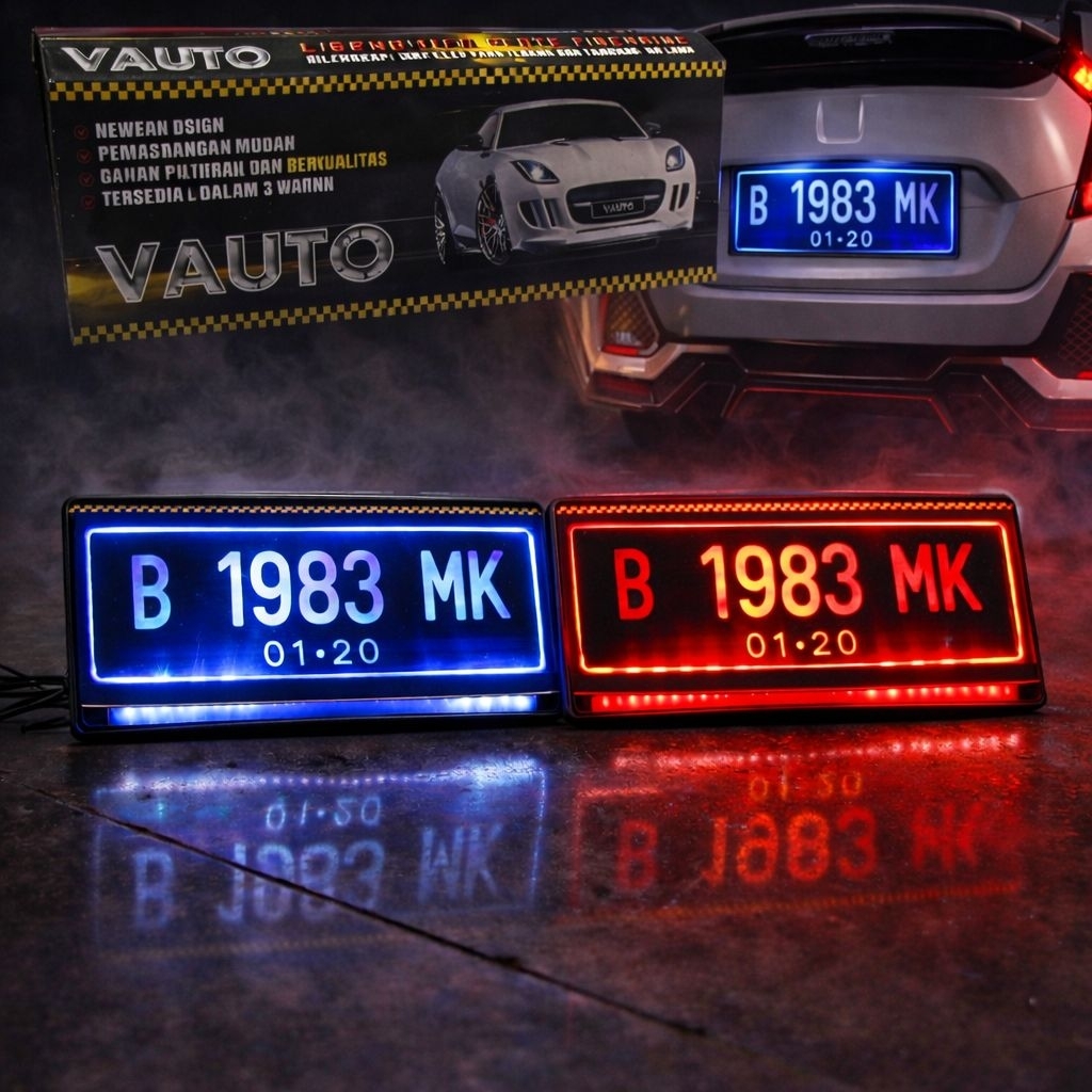 Dudukan plat nomor mobil (1set) depan belakang dengan lampu LED nyala 2 warna senja dan rem,LED wate