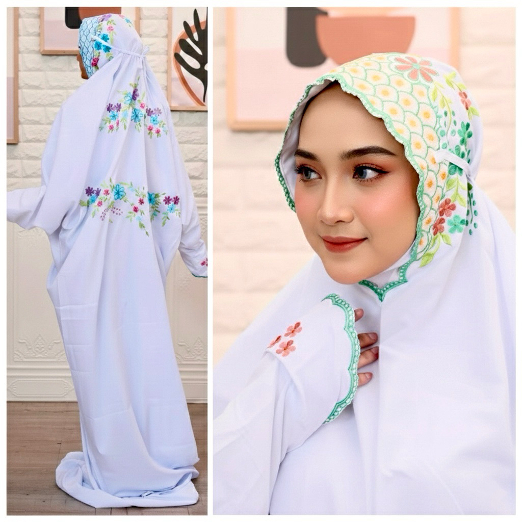 MUKENA TERUSAN PUTIH BORDIR BUNGA HITAM - Katun Polino Mikro Sutra Premium  LEMBUT TEBAL NYAMAN, Muk