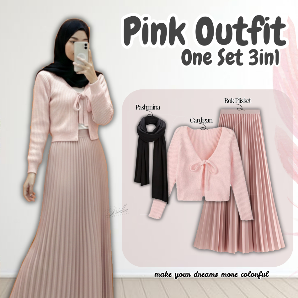 Setelan Wanita Rok Dan Atasan Set ( Cardigan Crop, Rok Plisket, Jilbab ) OOTD Remaja Kekinian Hijab