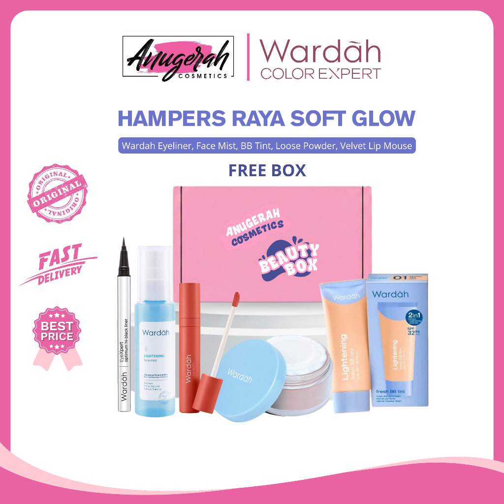[BUNDLE HAMPERS RAYA SOFT GLOW] Wardah Eyeliner, Lightening Face Mist, Matte Powder Bedak Tabur, BB 