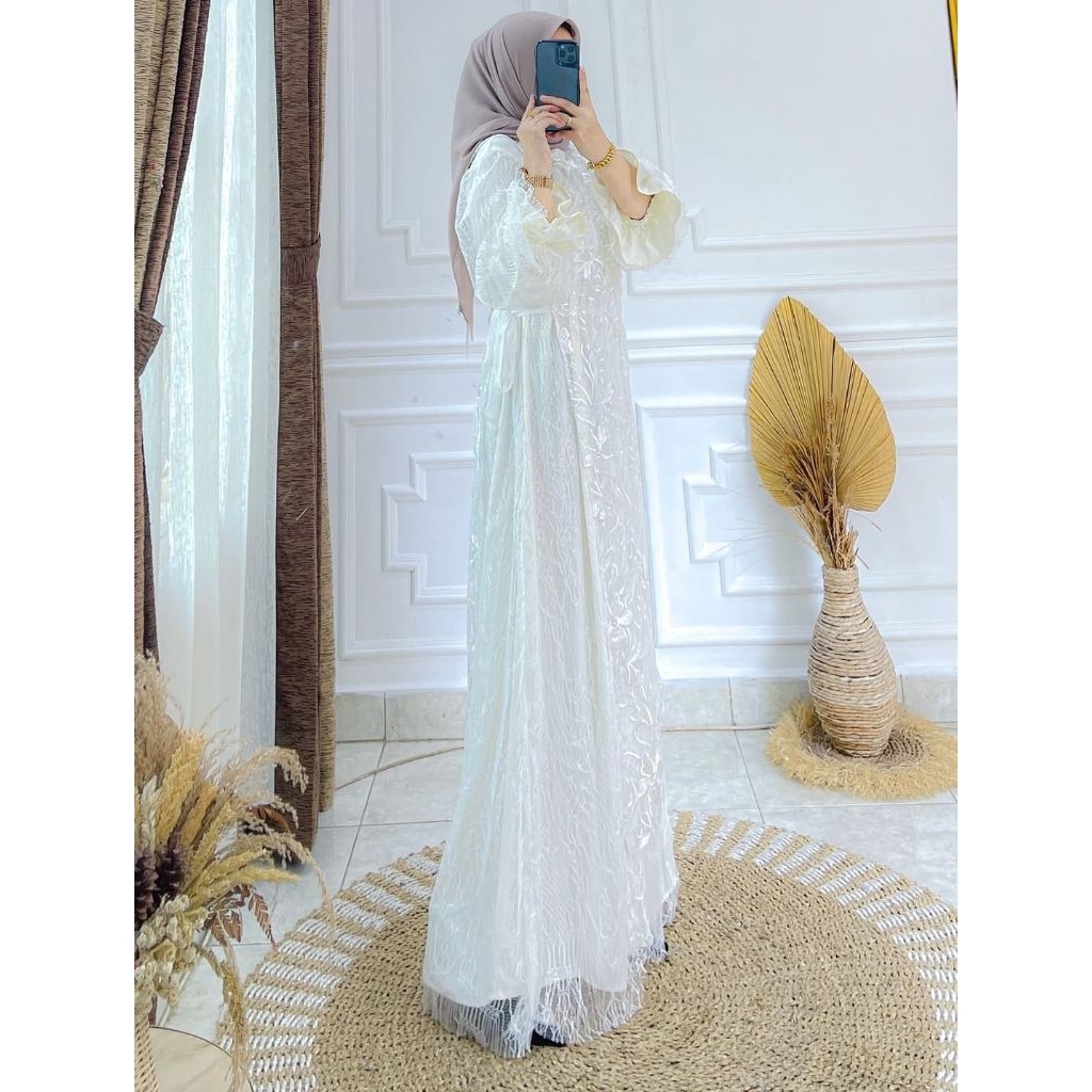 Gamis Brukat Wanita Dewasa Terbaru 2026 Mewah Zaskia Set Dress Bahan Full Brukat Cantily Double Furi