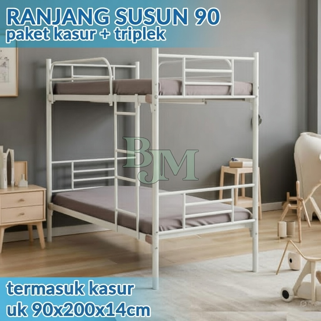 RANJANG SUSUN PAKET KASUR + TRIPLEK RANJANG TINGKAT RANJANG 2 SUSUN RANJANG BESI BUNKBED PUTIH
