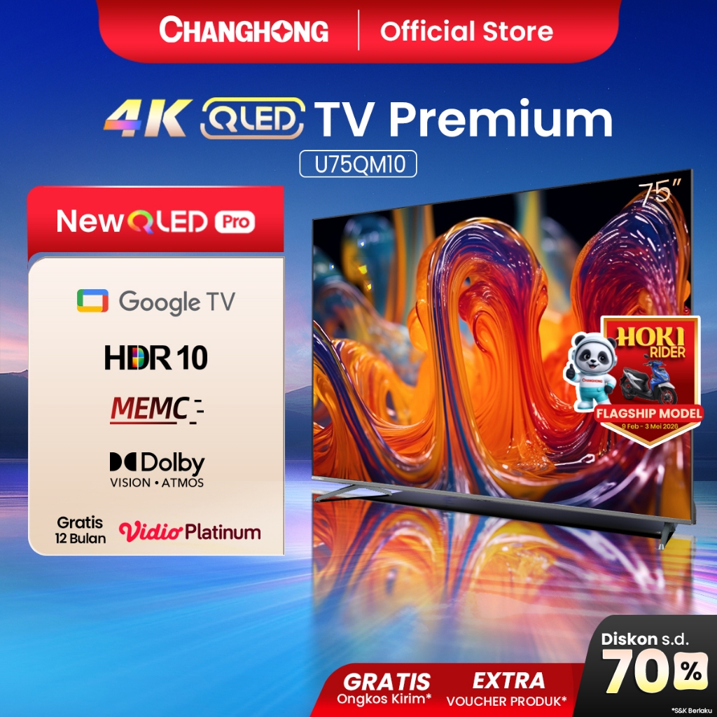 Changhong QLED TV 4K 75 inch Google Smart QLED PRO Digital TV Dolby Audio DBX-TV Google Play Netflix