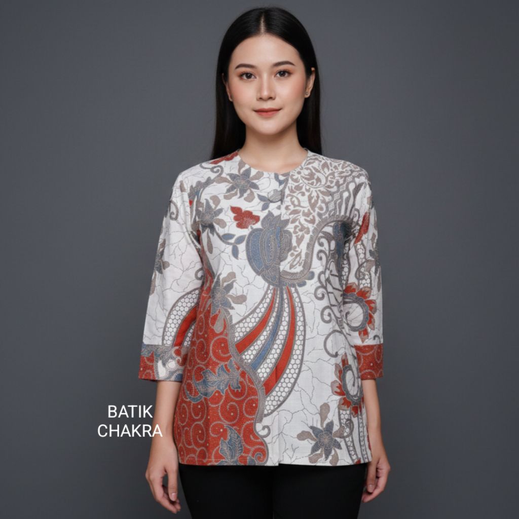 Blus batik wanita modern PUTIH ORANGE bahan katun lapis full trikot motif terbaru