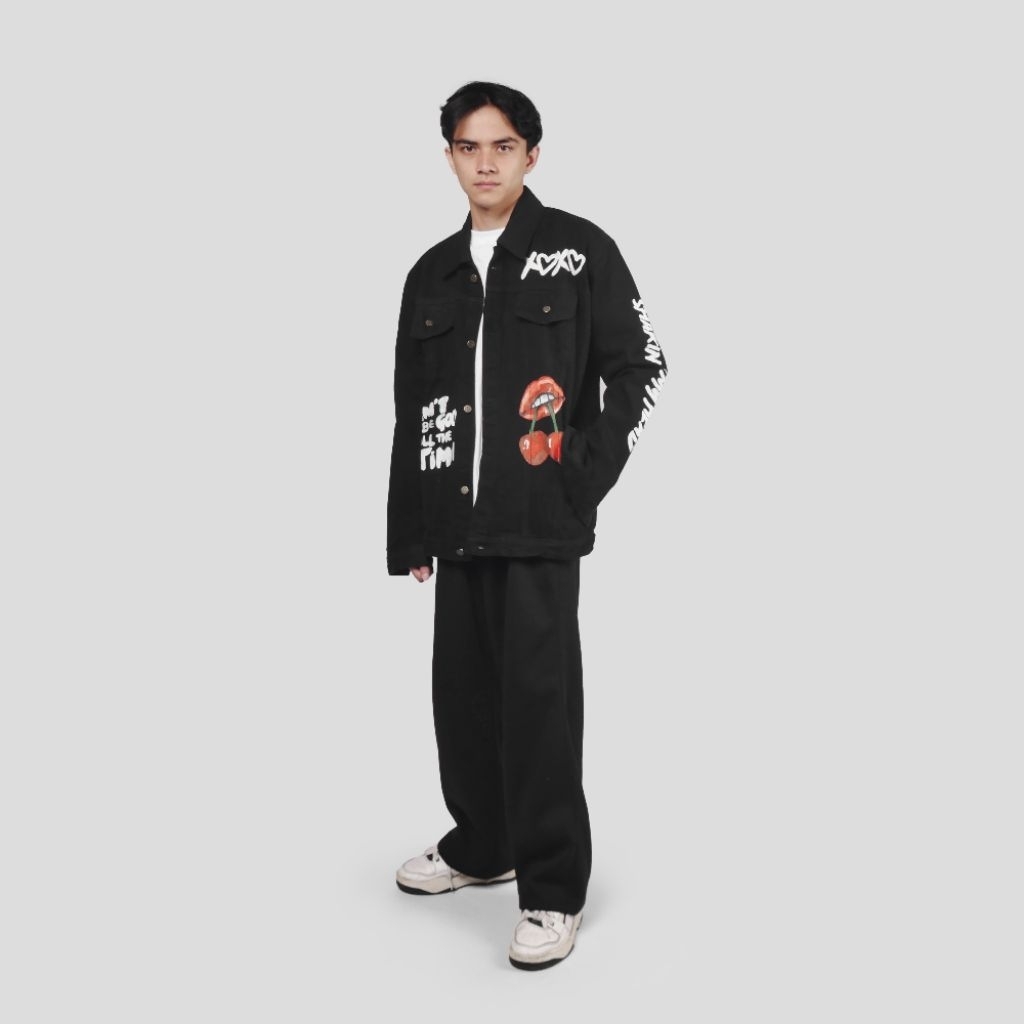 SMH Jaket Jeans Hitam - Jaket Denim Painting Gambar Dan Tulisan Costum Desain Money talk