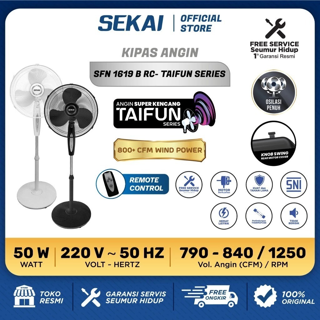 SEKAI Kipas Angin Berdiri / Stand Fan 16 Inch Taifun Series SFN-1619 B RC REMOTE