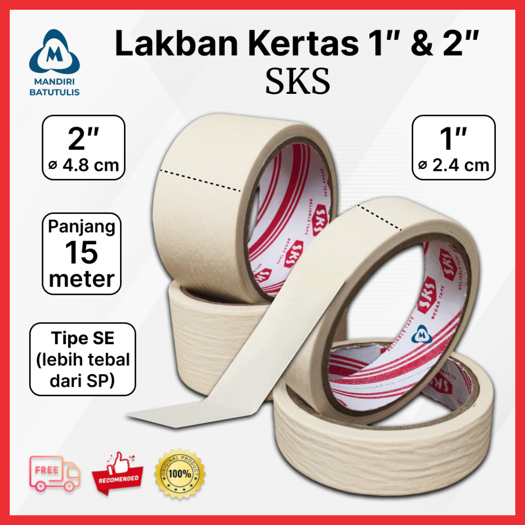 Masking Tape 1" Inch / 2" Inch - Lem Kertas SKS Tipe SE - Lakban Kertas - Isolasi Kertas