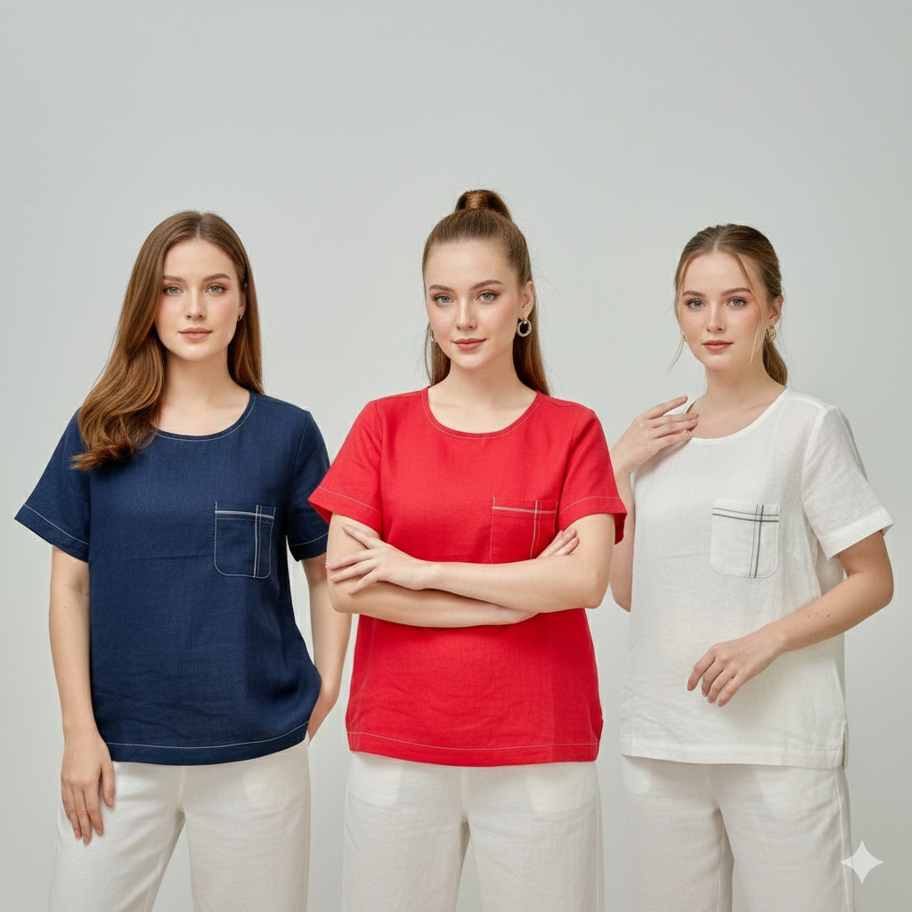 310031 | BLOUSE KATUN LINEN NO STRETCH LENGAN PENDEK MERAH NAVY PUTIH