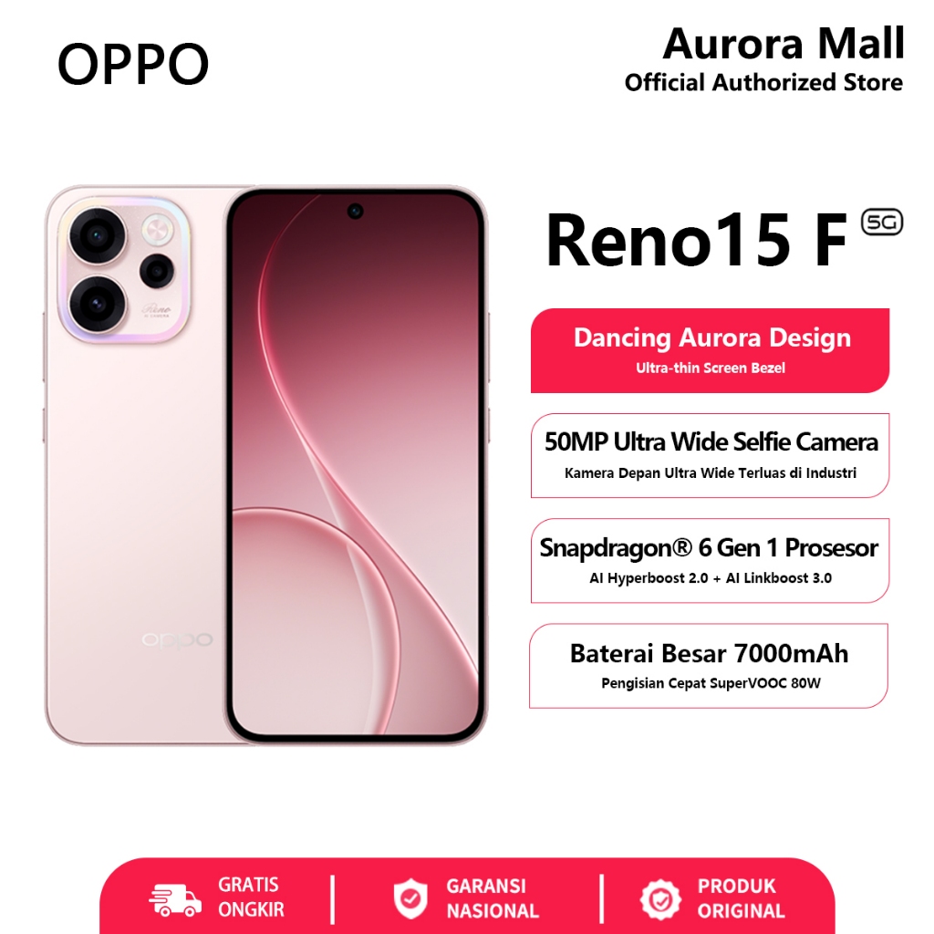 OPPO Reno15 F 5G 12/256GB (12GB+12GB Extended RAM) Garansi Resmi HP Terbaru 2026 Handphone Bisa COD