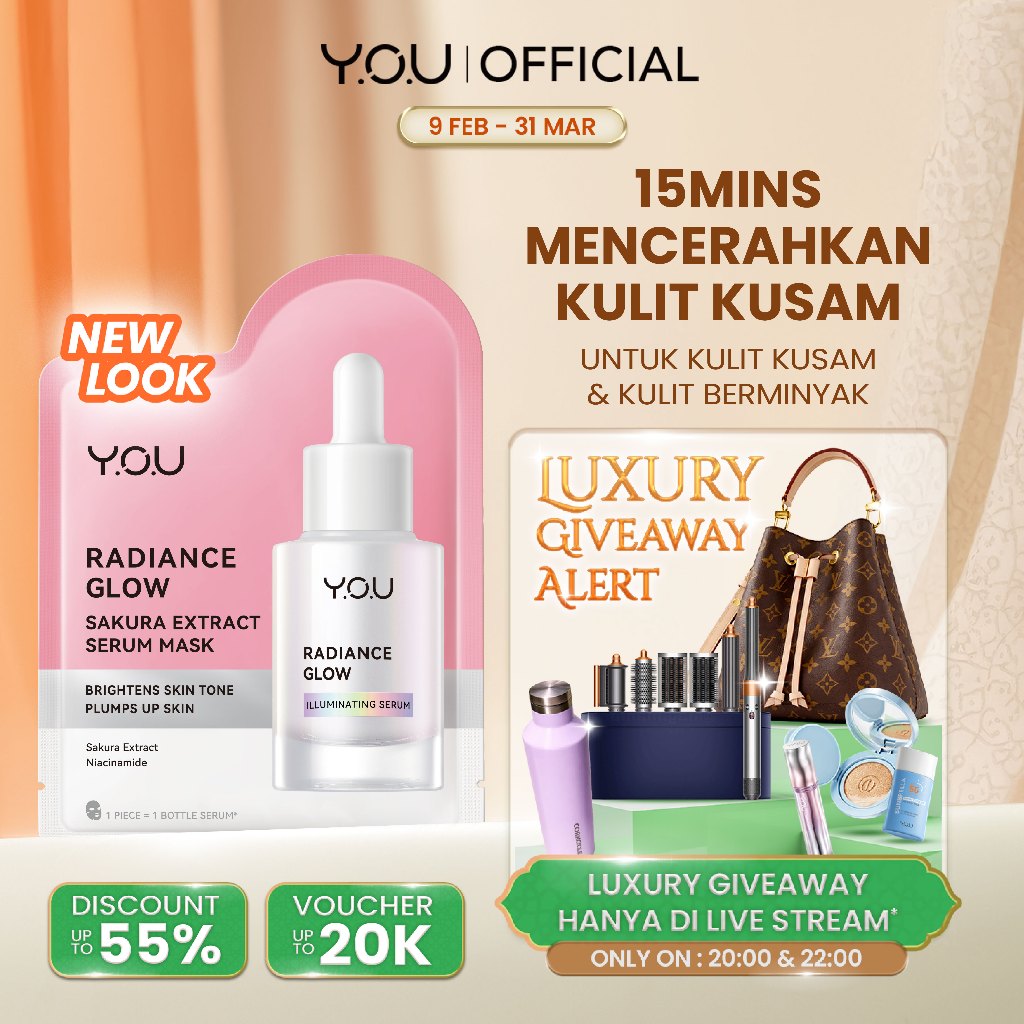 YOU Radiance Glow Sakura Extract Serum Mask Serum Pencerah Sheet Mask Brightening Atasi Kulit Kusam 