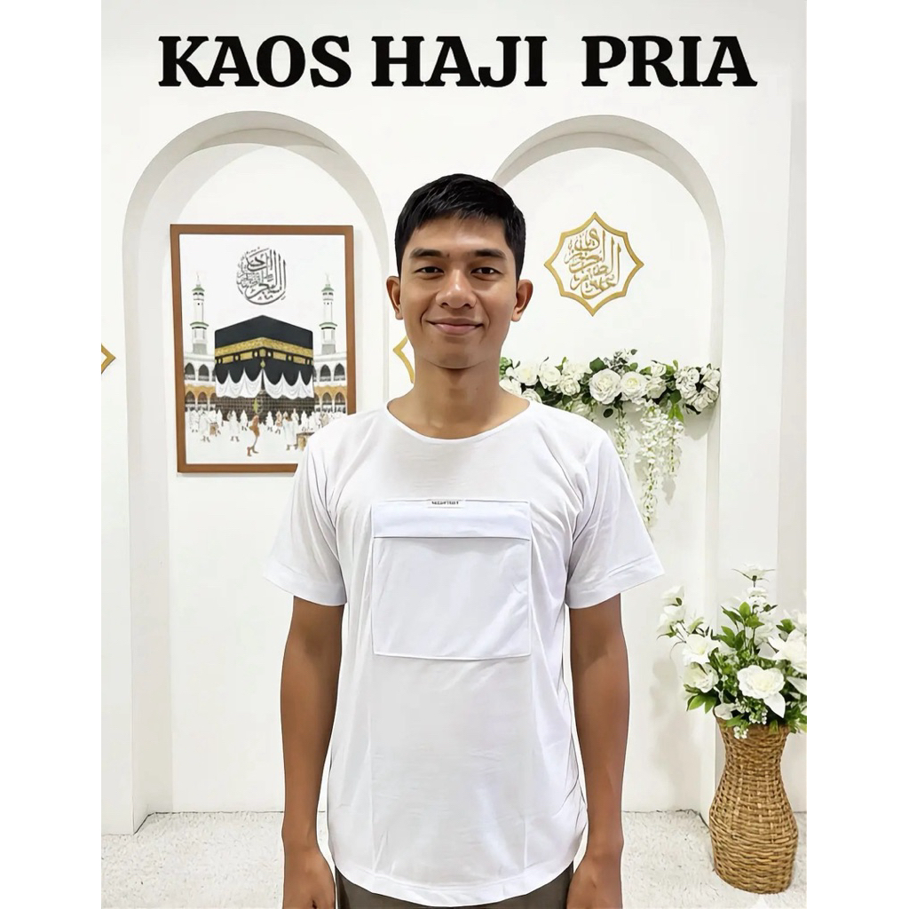 Kaos Haji Umroh Pria Lengan Pendek Kaos Putih Haji Saku Depan Resleting