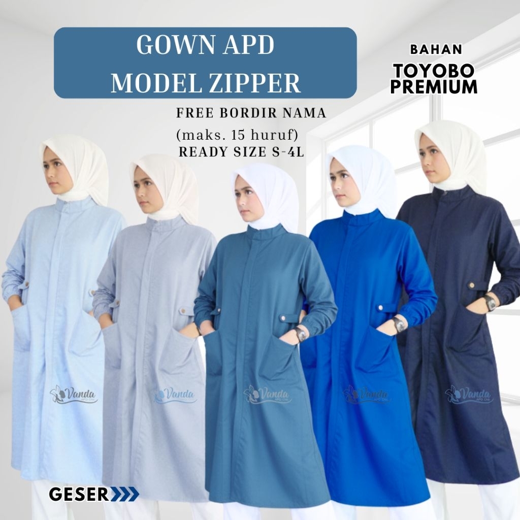 Gown APD/Jas Lab Zipper Blue Series Bahan Toyobo Premium Free Bordir Nama —Seragam Nakes/Perawat/Dok
