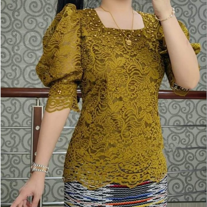 NN Blouse Renda Brokat - Kebaya Kartini Modern  Leher Petak Tangan Kedut