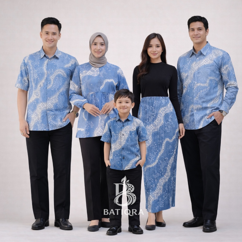 BATIQRA - Batik Couple Set Sarimbit Keluarga Motif Yudhistira Biru Denim Rok Blouse Kemeja Anak