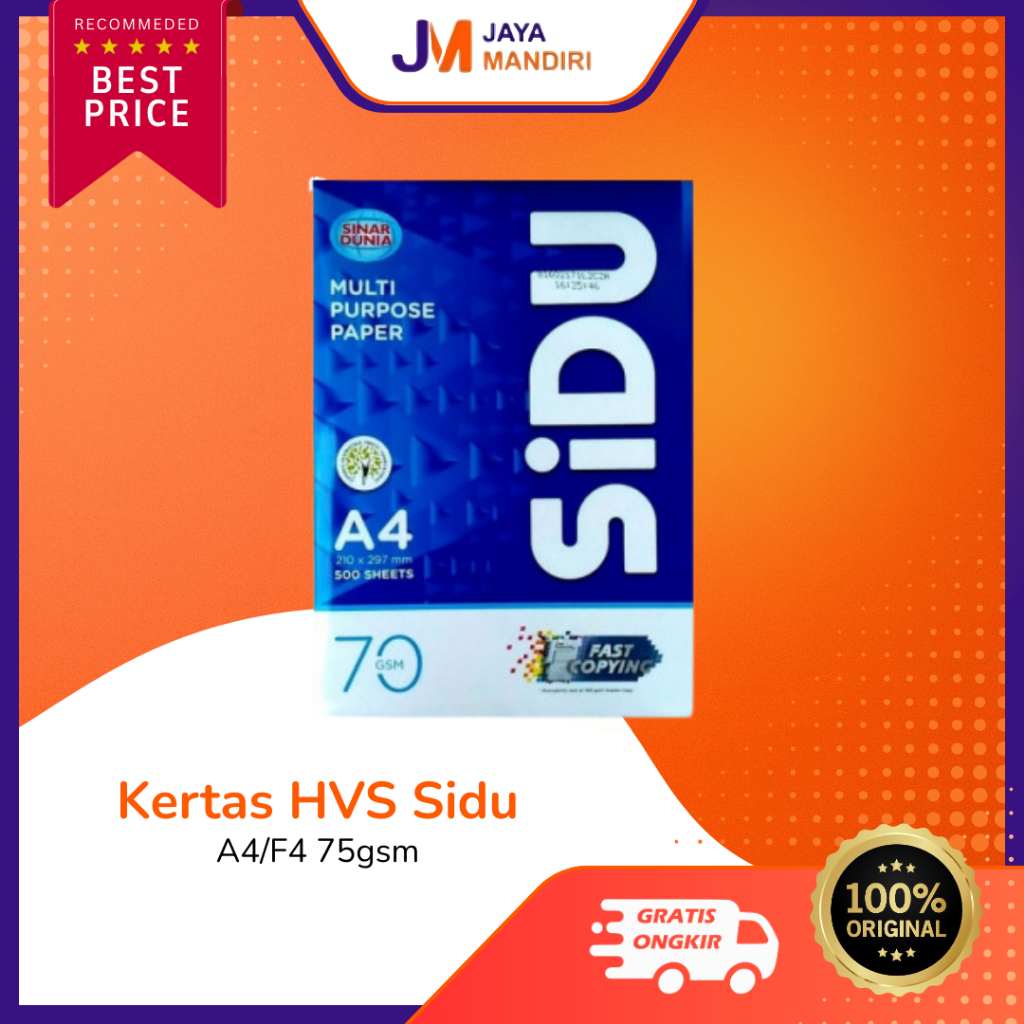 Kertas HVS SIDU A4 / F4 75 GSM | 1 Rim 500 Lembar | Putih Cerah | HVS Multifungsi Asli