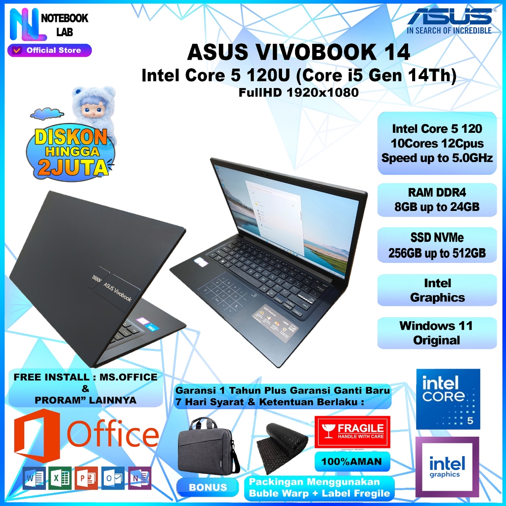 Laptop Asus Vivobook 14 Core 5 120u ( Core i5 Gen 14 ) RAM 8GB-24GB SSD NVMe 256GB-1TB FullHD Win 11