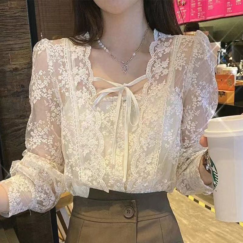 Blouse Wanita Brokat Lace Transparan Pita Depan Import | Atasan Korea Feminin Elegan