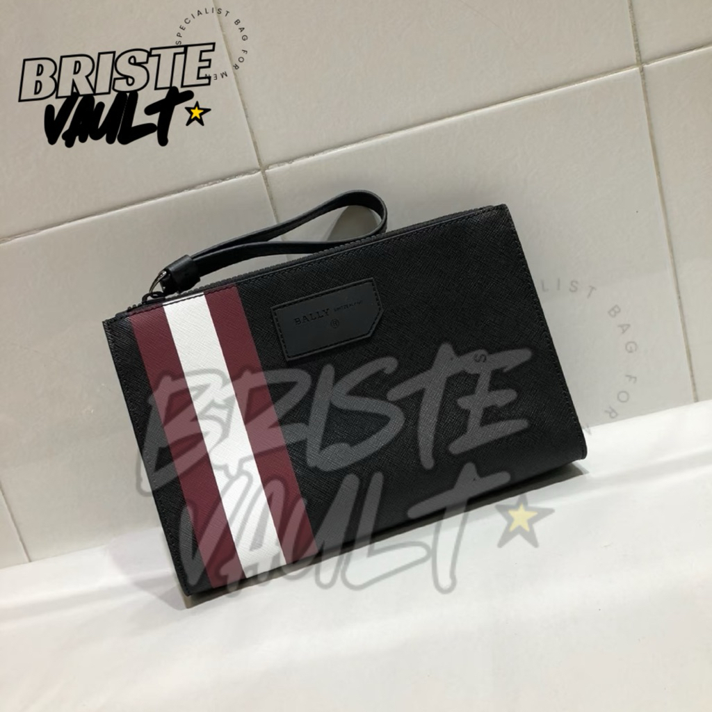 BRISTE VAULT Clutch Bally Saffiano Leather Stripe Red Handbag Pria Original Fullset