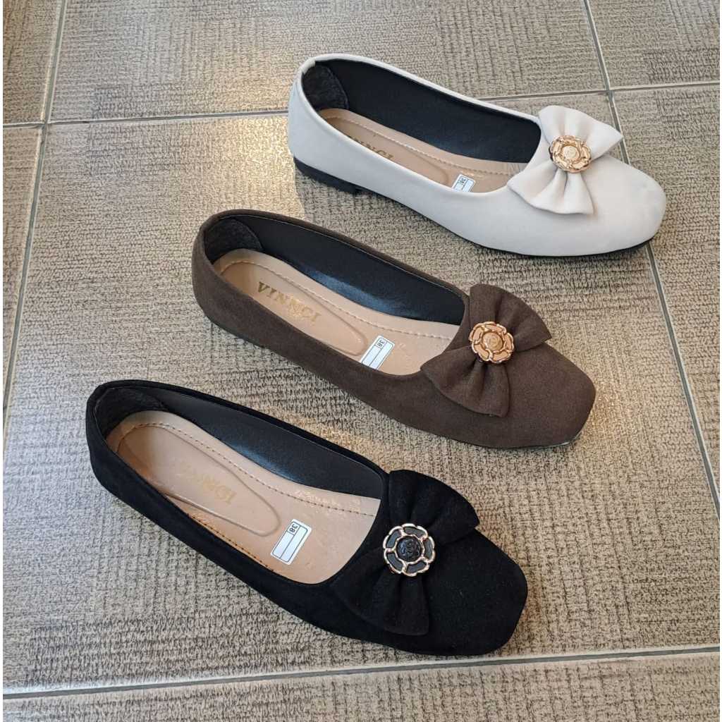 KDS | VNC Wanita Sepatu Flatshoes Pita Mewah Elegant Bahan Suede Halus Teplek Pita Kristal