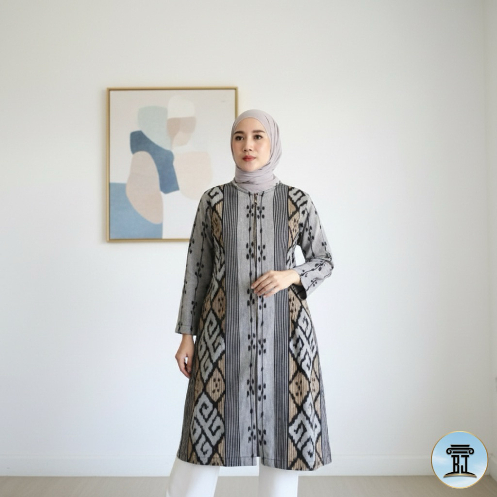 Ready Tunik Tenun Blanket Troso Jepara Abu-abu