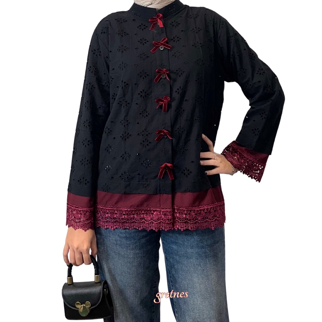 gretnes - Amira Eyelet Blouse | Blouse Kerah Shanghai | Atasan Wanita Kanicng Pita | Blouse Katun Bo