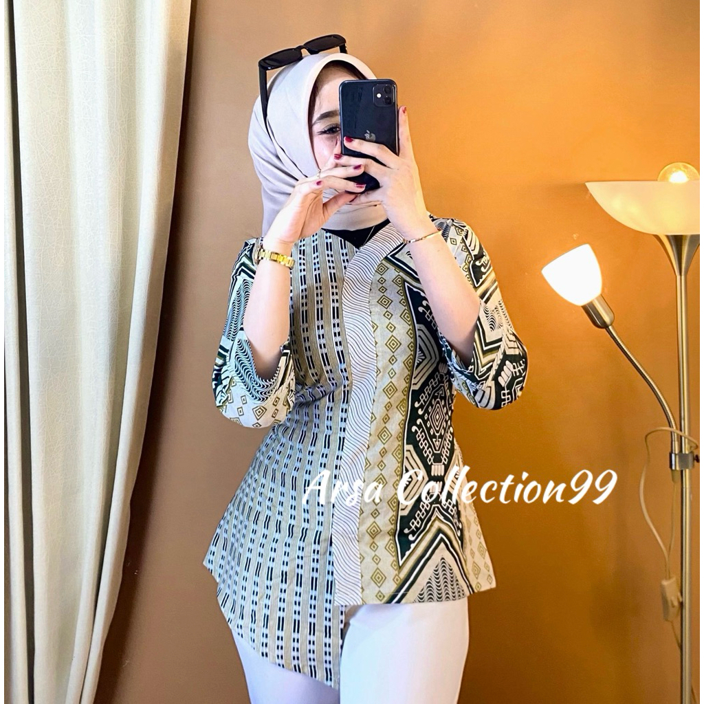 Blouse Batik Wanita Lengan Panjang - Atasan Batik Modern Premium Elegan Kekinian Kemeja Kombinasi Mo