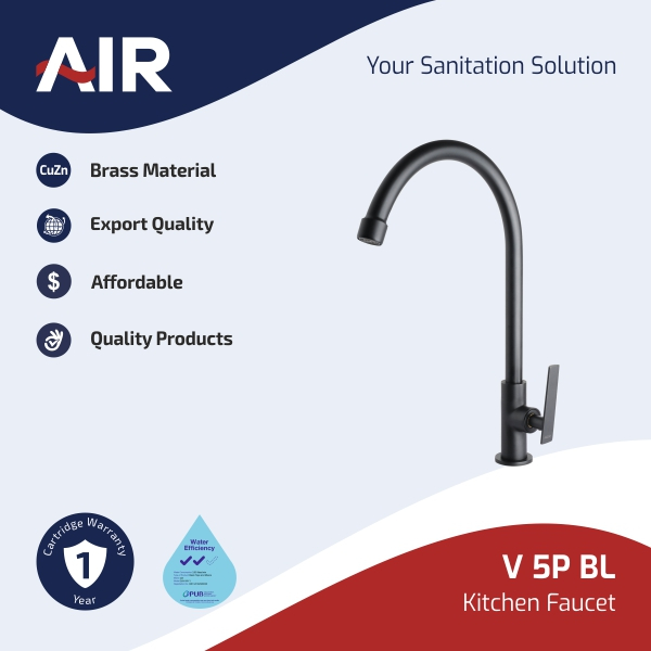 AIR Kran Dapur / Kran Air Dapur V 5P BLack Matte (Kran Angsa) Instalasi Meja