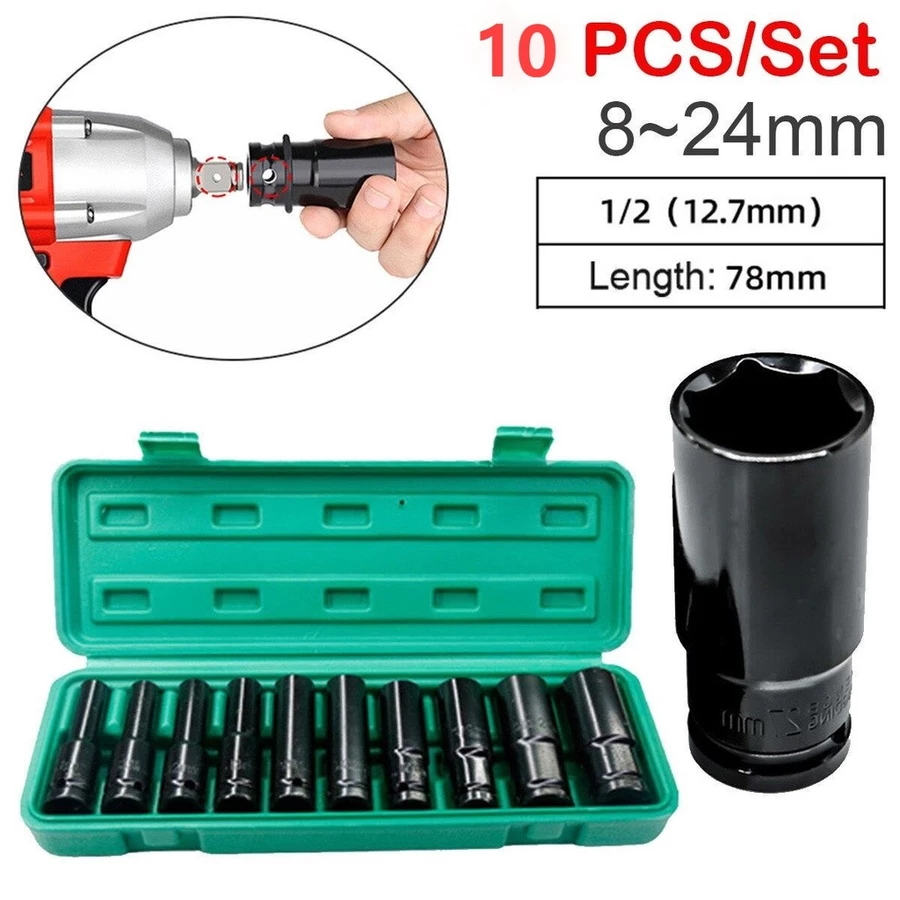 Stok Tersedia  10Pcs Mata Socket 1/2‘’ 10-24mm Impact Kunci Socket/Kunci shock Impact socket set/Imp