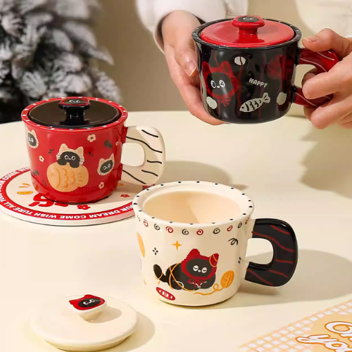 Anapaya - Meong Gelas Keramik + Tutup, Kapasitas 400ml