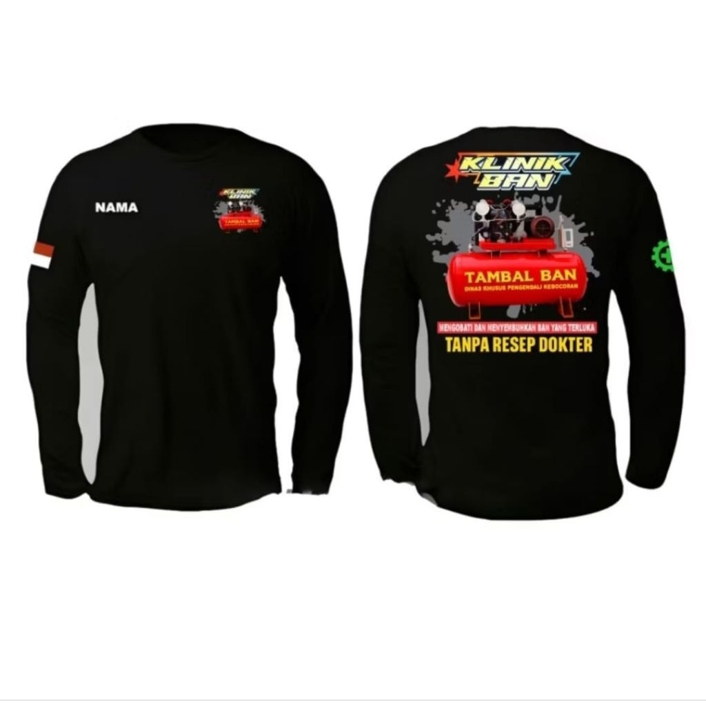 KAOS LENGAN PANJANG KLINIK BAN TAMBAL BAN MOTIF KOMPRESOR MERAH FREE NAMA