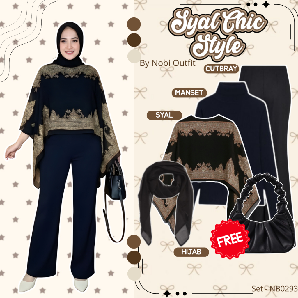 4 In 1 One Set Remaja Cewek Kekinian Atasan Nobi Outfit Syal Sutra Chiffon Batik Cardigan Hitam Prem