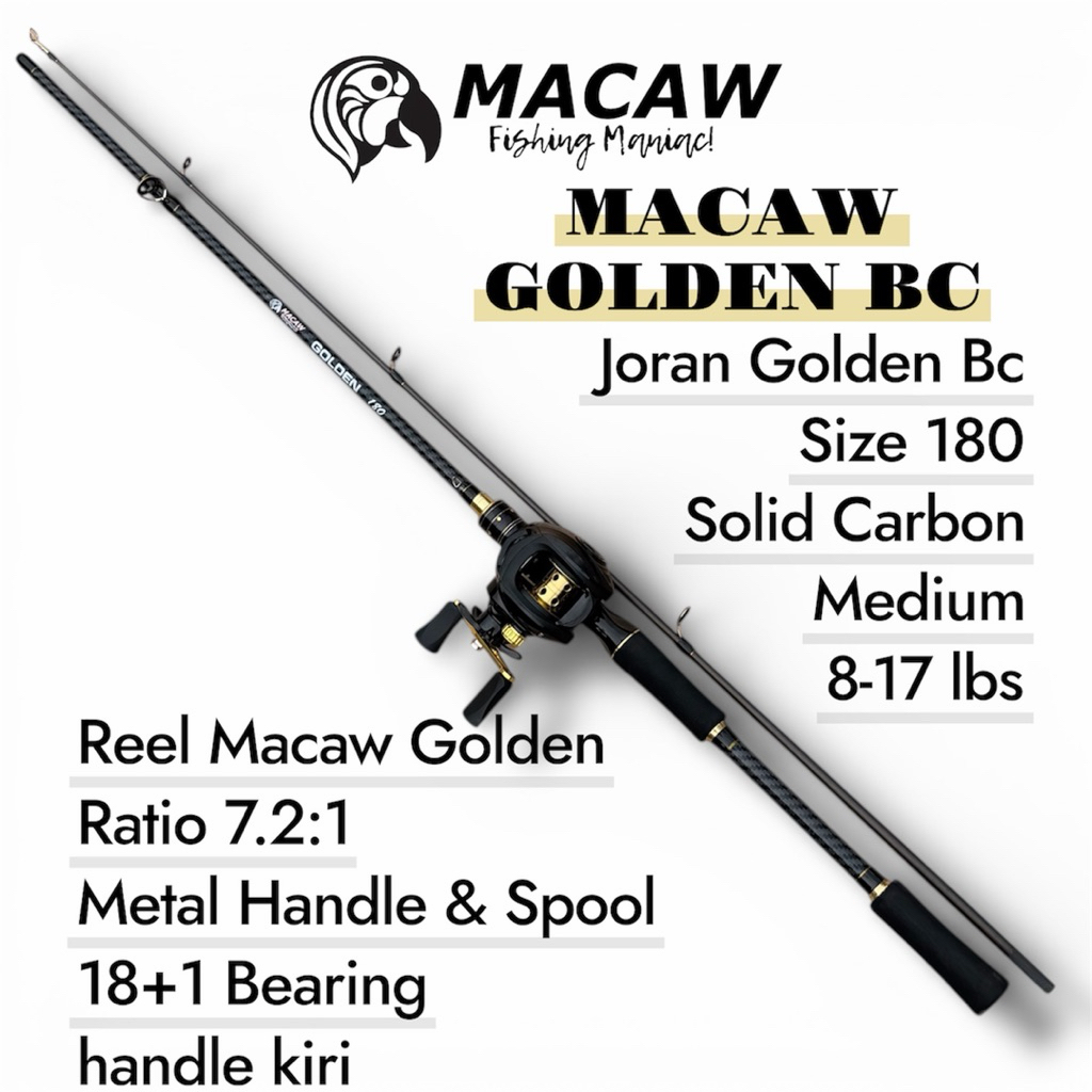 Set casting Macaw Golden BC Solid carbon 180 dan Reel Macaw Golden 7.2:1 (c4)