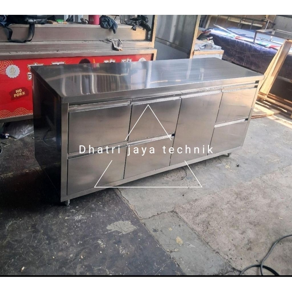 meja kabinet stainless stell 170x60x85 dengan 6 laci 1 rak piring
