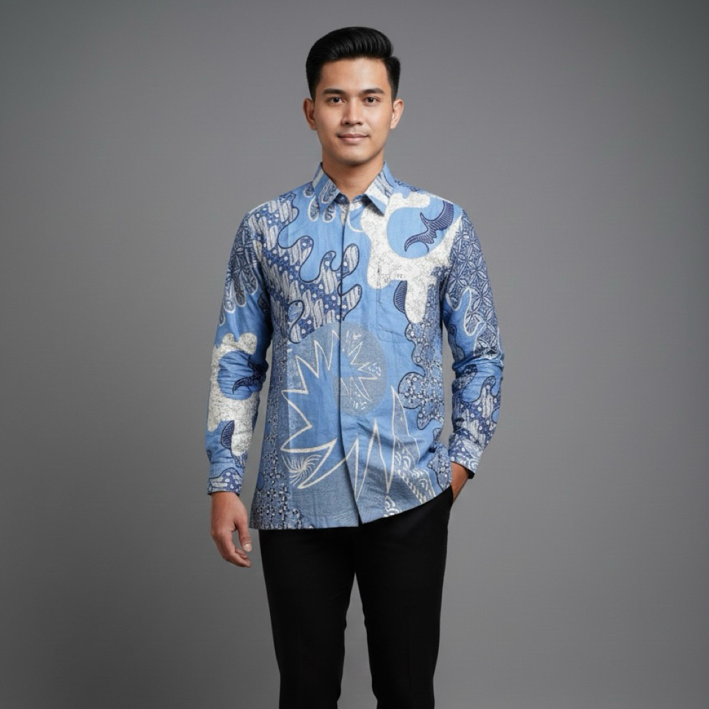 Kemeja batik pria lapis furing Ekslusive lengan panjang pendek jahe ice blue biru wardah