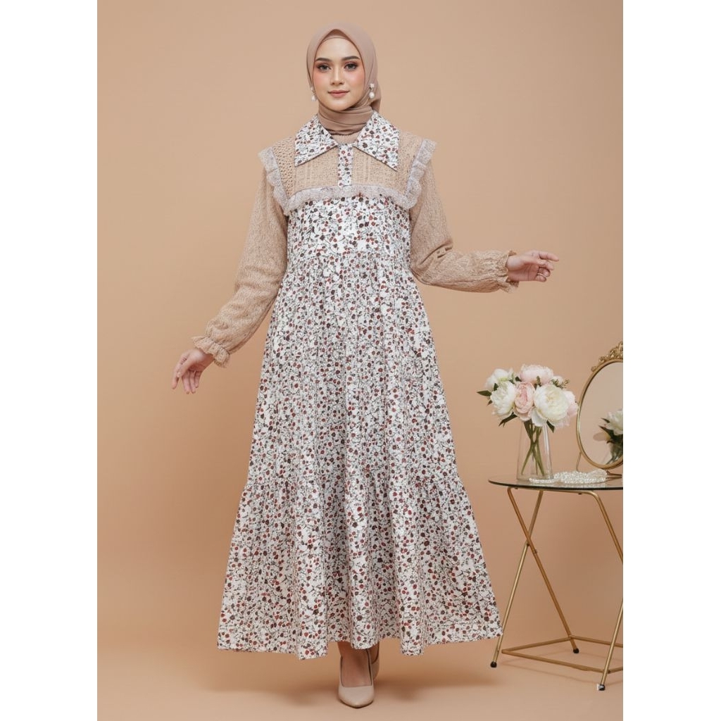 Gamis ZAYDA Dress Baju Busui Cream  Bahan Syakila  Brokat dan Lace Premium Fashion Muslim Wanita