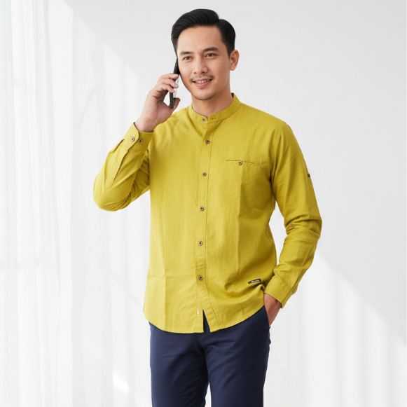 Baju Kemeja Koko Pria Ayah dan Anak Couple Lengan Panjang Full Warna Hijau Lemon Lime Hanzain