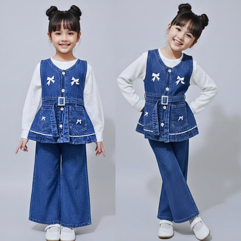 Setelan Rompi Lepas Anak Perempuan Terbaru 2026 Usia 3 - 11 Tahun Baju Anak Cewek 2026 Set Jeans Ana