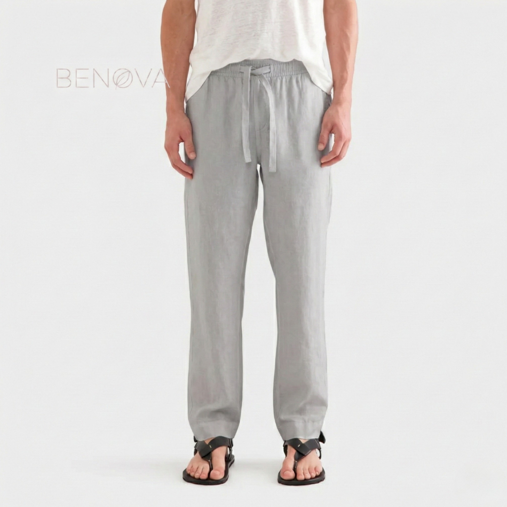 BENOVA - Celana Panjang Linen Pria - Mens Linen Loosepants - Silver Grey