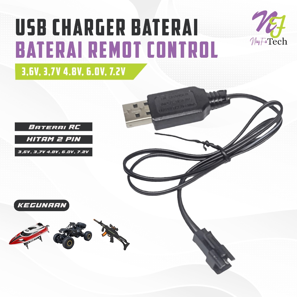 Kabel Cas Mobil RC Model USB Panjang Kabel 50Cm Soket Hitam 2Pin