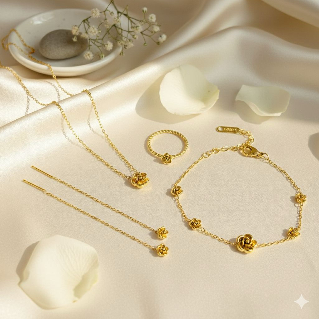 Satu Set perhiasan Titanium model bunga gold Fashion Korea Terbaru