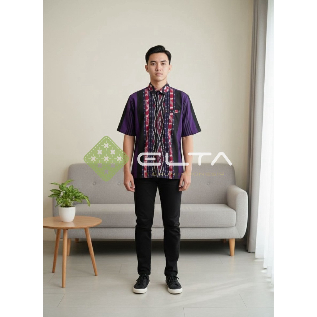 Elta Tenun Kemeja pria Tenun Etnik Modern – Nyaman & Stylish warna ungu hitam