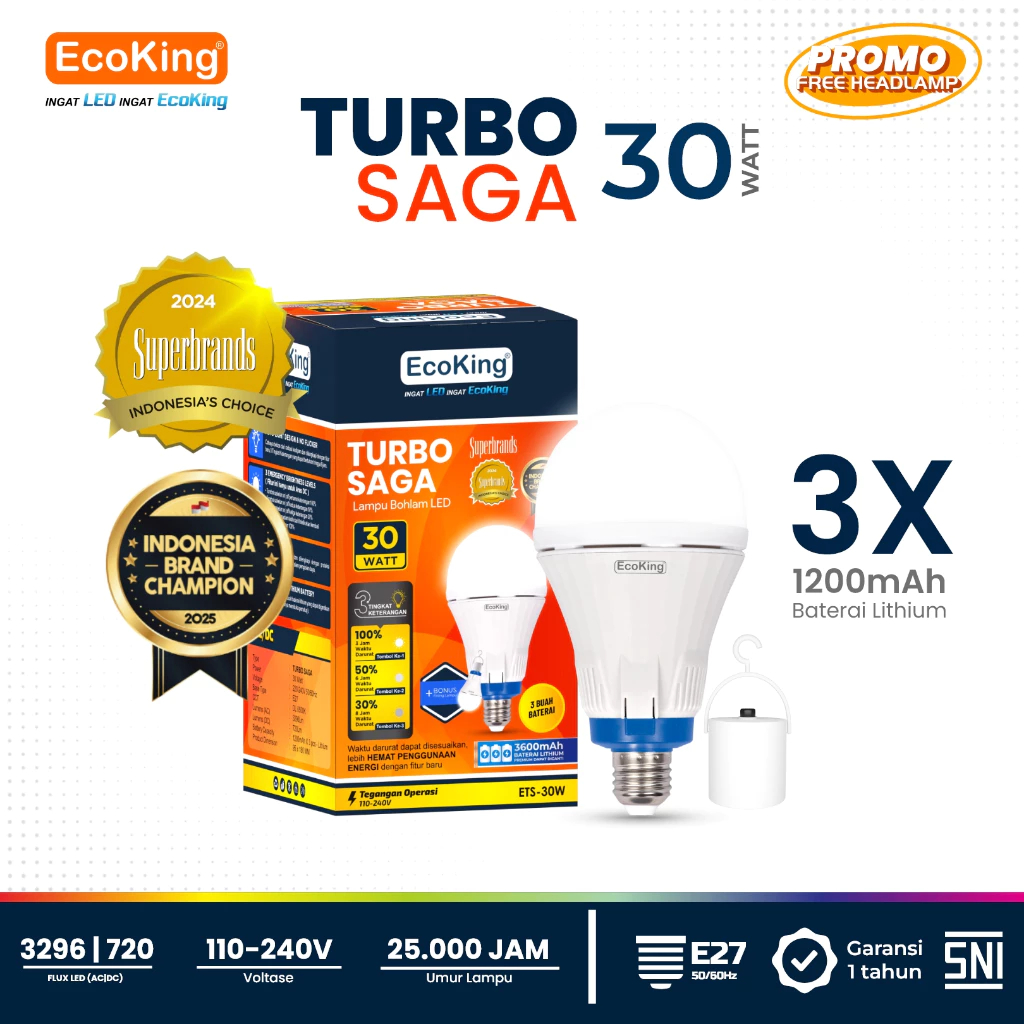 Lampu Darurat EcoKing Bohlam Rumah LED Turbo Saga EMERGENCY Tahan Lama 30W Cahaya Putih (DC 3 Level)