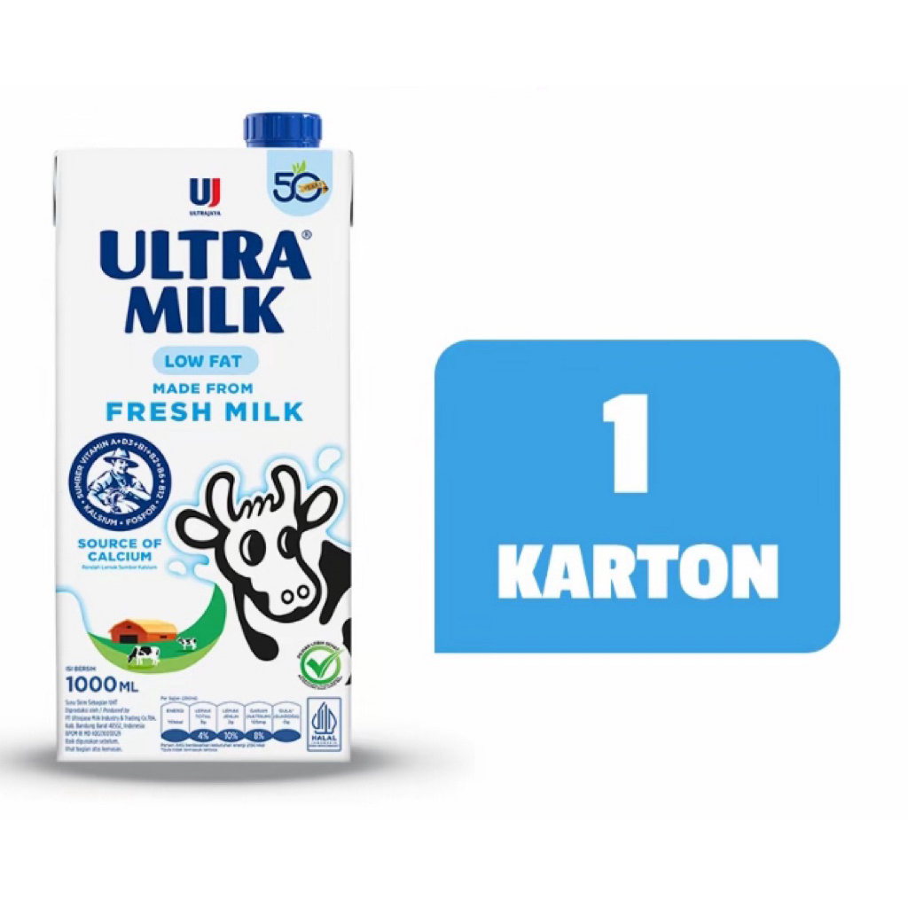 Ultra Milk Susu UHT Low Fat Plain 1000ml 1 karton (12 pcs)