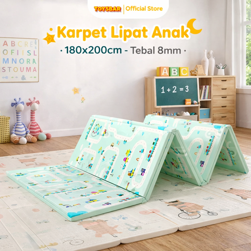 TOYSBAR Playmat Anak 180x200cm – Karpet Lipat Tebal 8mm Busa XPE | Tikar Bermain Bayi & Anak SNI
